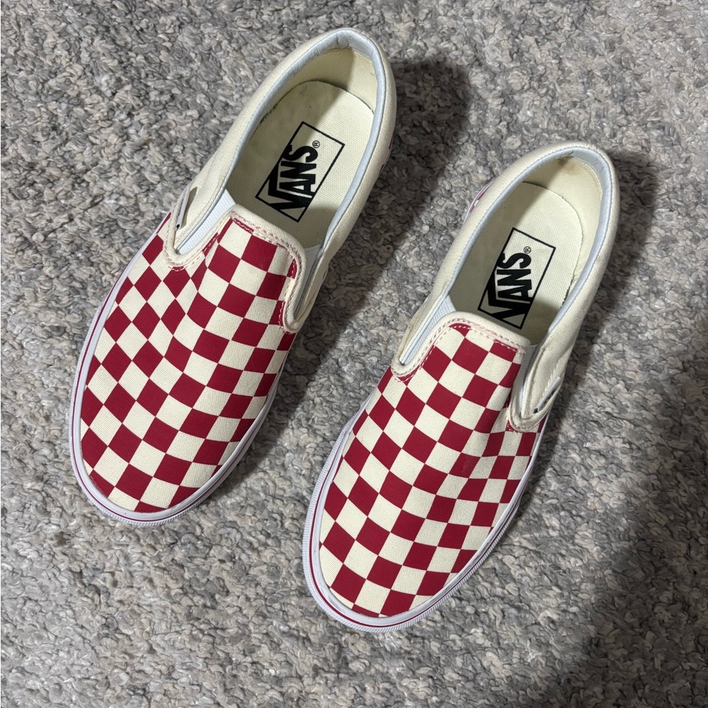 Vans Red and Cream Checkered Slip-On Shoes